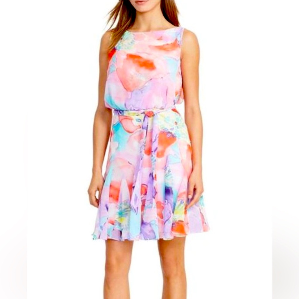 So Pretty 💕 Lauren Ralph Lauren Chiffon Colorful Floral Flare Sleeveless Dress